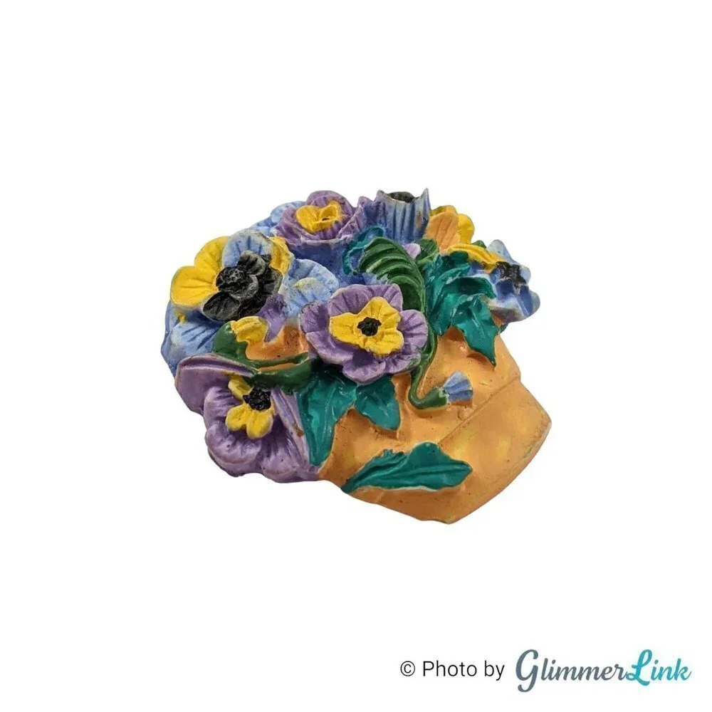 Vintage Floral Terracotta Ceramic Flower Basket Pot Brooch Pin